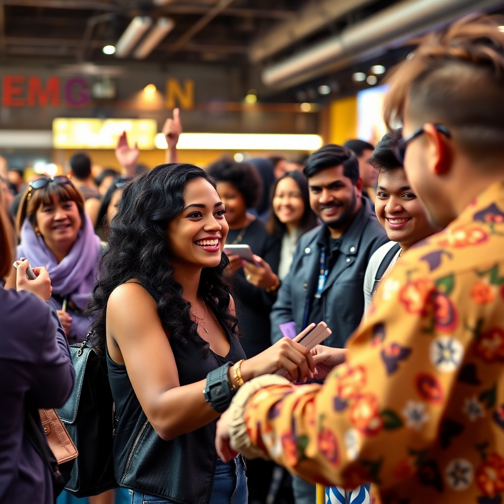 A photorealistic image depicting a vibrant and exciting fan meet-and-greet. Aishyla is happily interacting with fans, signing autographs, and taking photos. The environment is filled with positive energy, showing genuine connection between Aishyla and her supporters. The image should be warm, inviting and show happy, diverse fans.