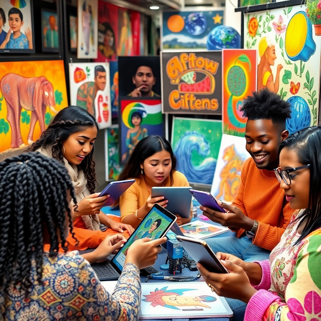 A photorealistic image depicting diverse individuals of all ages and backgrounds using various AI art tools on laptops, tablets, and smartphones. The image should showcase a vibrant and inclusive environment, with a range of unique and expressive AI-generated artworks displayed around them. The setting could be a community art space or a vibrant, multicultural street scene, emphasizing the global nature of AI-assisted art creation. The overall vibe is positive, energetic, and hopeful.