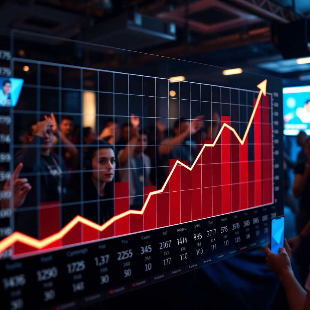A photorealistic image depicting a dynamic growth chart and social media metrics with positive trends.  In the background, there should be an image of Aidan B interacting with fans, suggesting a community-building approach to growth. The overall feel should be sleek, professional and data-driven.