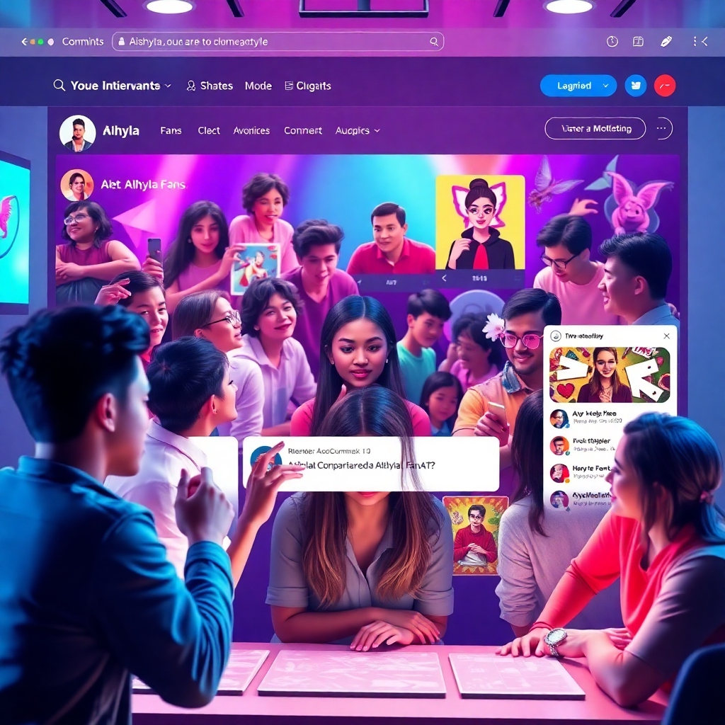 A photorealistic image depicting a lively online forum or social media page dedicated to Aishyla, showing diverse fans engaging in positive discussions, sharing fan art, and interacting with Aishyla herself through comments and posts.  The interface should look modern and user-friendly, reflecting the vibrant energy of the online community.