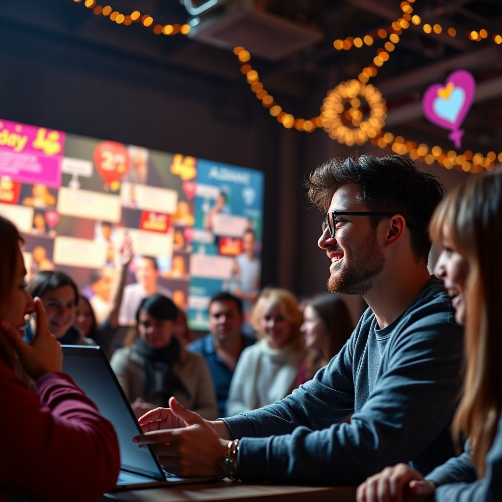 A photorealistic image depicting a heartwarming scene: Aidan B is engaging with fans during an online Q&A session. The background should show a vibrant community forum filled with positive, interactive comments and celebratory graphics. The image should depict a sense of genuine connection and strong community spirit.