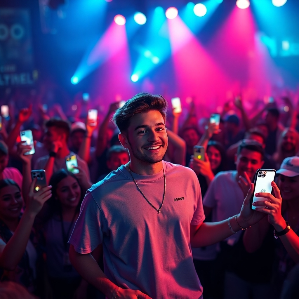 A photorealistic image depicting a vibrant concert scene with Aidan B on stage, surrounded by enthusiastic fans holding merchandise and glowing phone lights.  The image should have a professional, high-quality feel, suggesting a successful and established music career. Include branding subtly on merchandise.