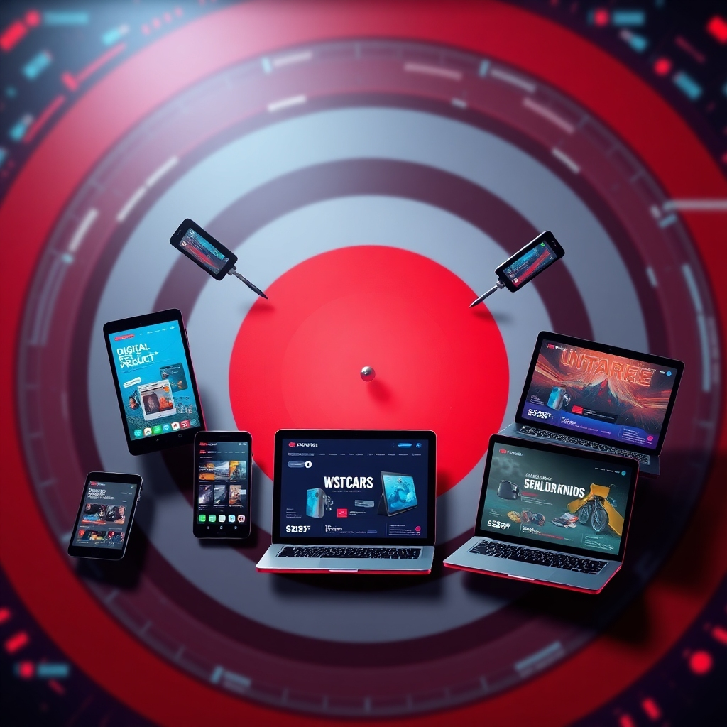 A photorealistic image depicting a bullseye with various digital devices (smartphones, tablets, laptops) precisely hitting the center. Each device should display a unique ad creative related to a different digital product category. The background should be a vibrant, data-driven visualization with a futuristic feel.