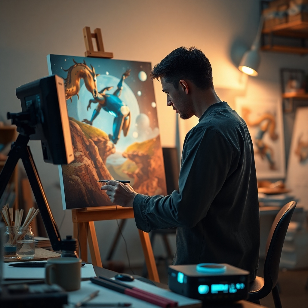 A photorealistic image depicting a human artist working alongside an AI interface, both contributing to a digital painting. Show a harmonious blend of human input and AI-generated elements in the artwork. The scene should be set in a creative workspace, with soft lighting and technological elements subtly integrated into the environment. The mood should convey partnership and synergy.