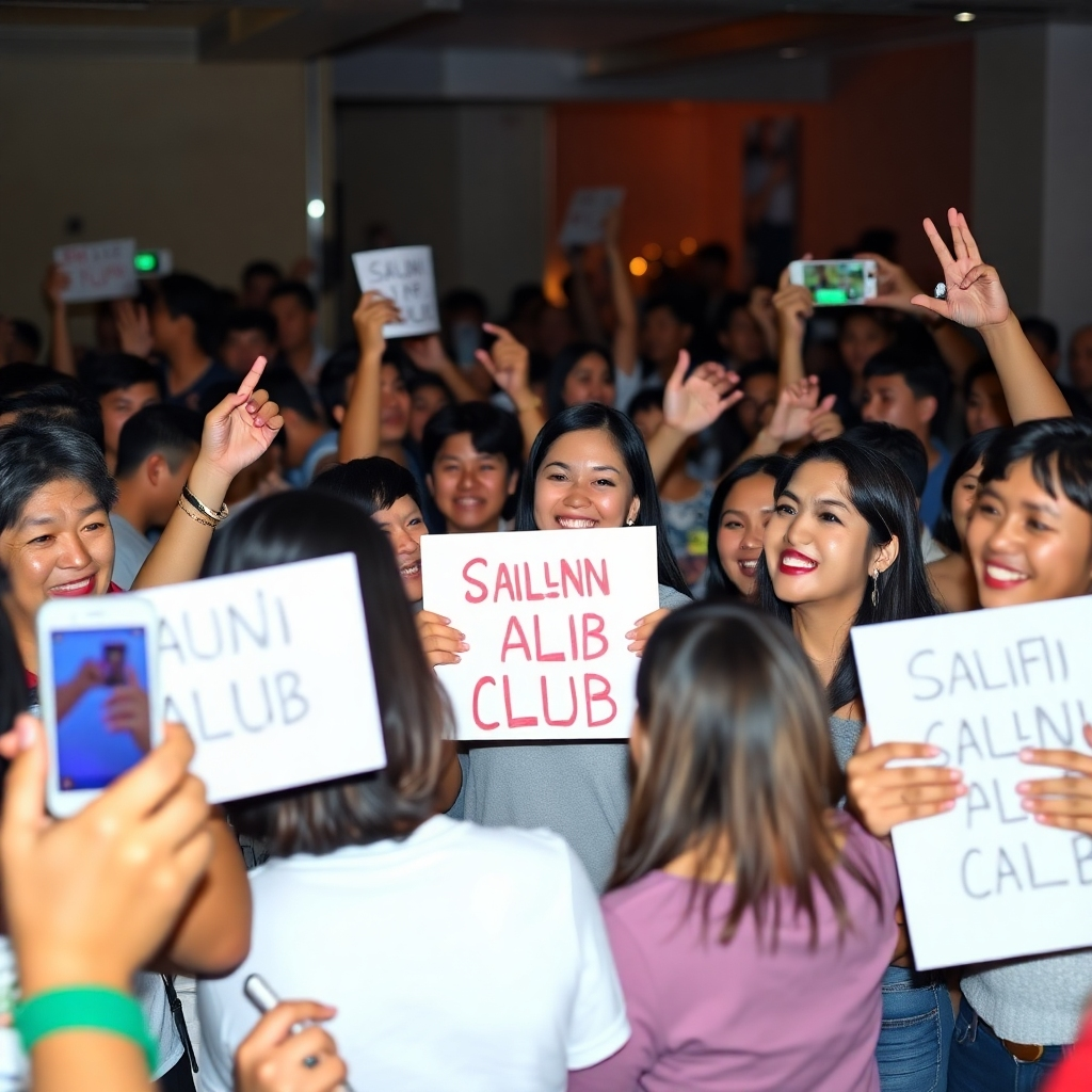 A photorealistic image depicting a vibrant and friendly gathering of Sailana fans at an exclusive fan club event.  They are interacting enthusiastically, some holding up signs, others taking photos, all with a positive and joyful atmosphere. Sailana could be shown in the background, smiling and interacting with the fans.