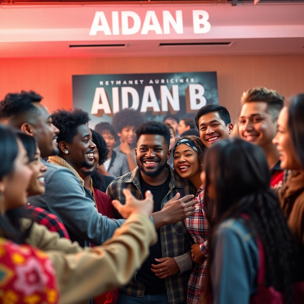 A photorealistic image of a diverse group of people of different ages and backgrounds smiling and interacting at an Aidan B meet-and-greet, with Aidan B in the center interacting warmly with fans. The background should show Aidan B's album artwork and branding. The overall atmosphere should feel joyful and inclusive.