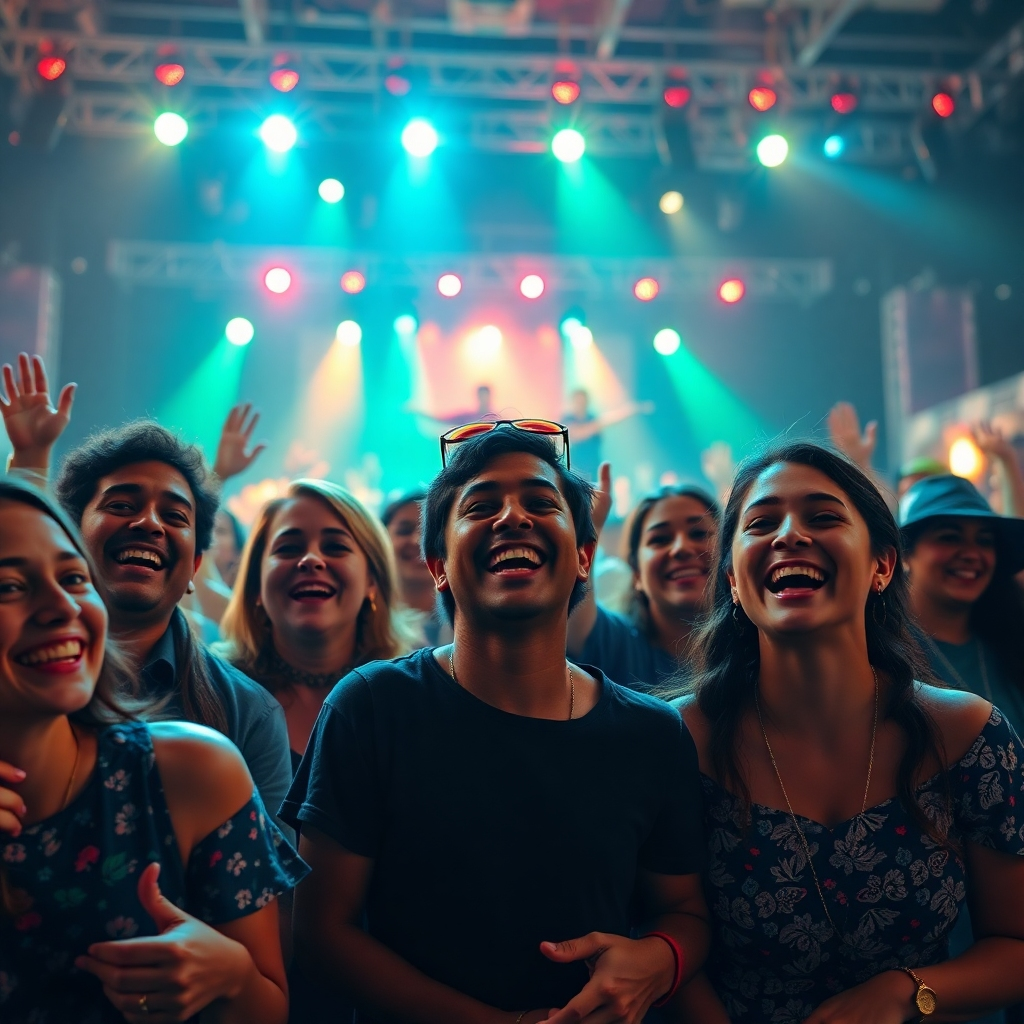 A photorealistic image of a diverse group of happy, engaged fans at an Aishyla concert, all smiling and interacting with each other. The background should be the stage with Aishyla performing, with dynamic lighting and a celebratory atmosphere. The scene should clearly emphasize community and camaraderie.
