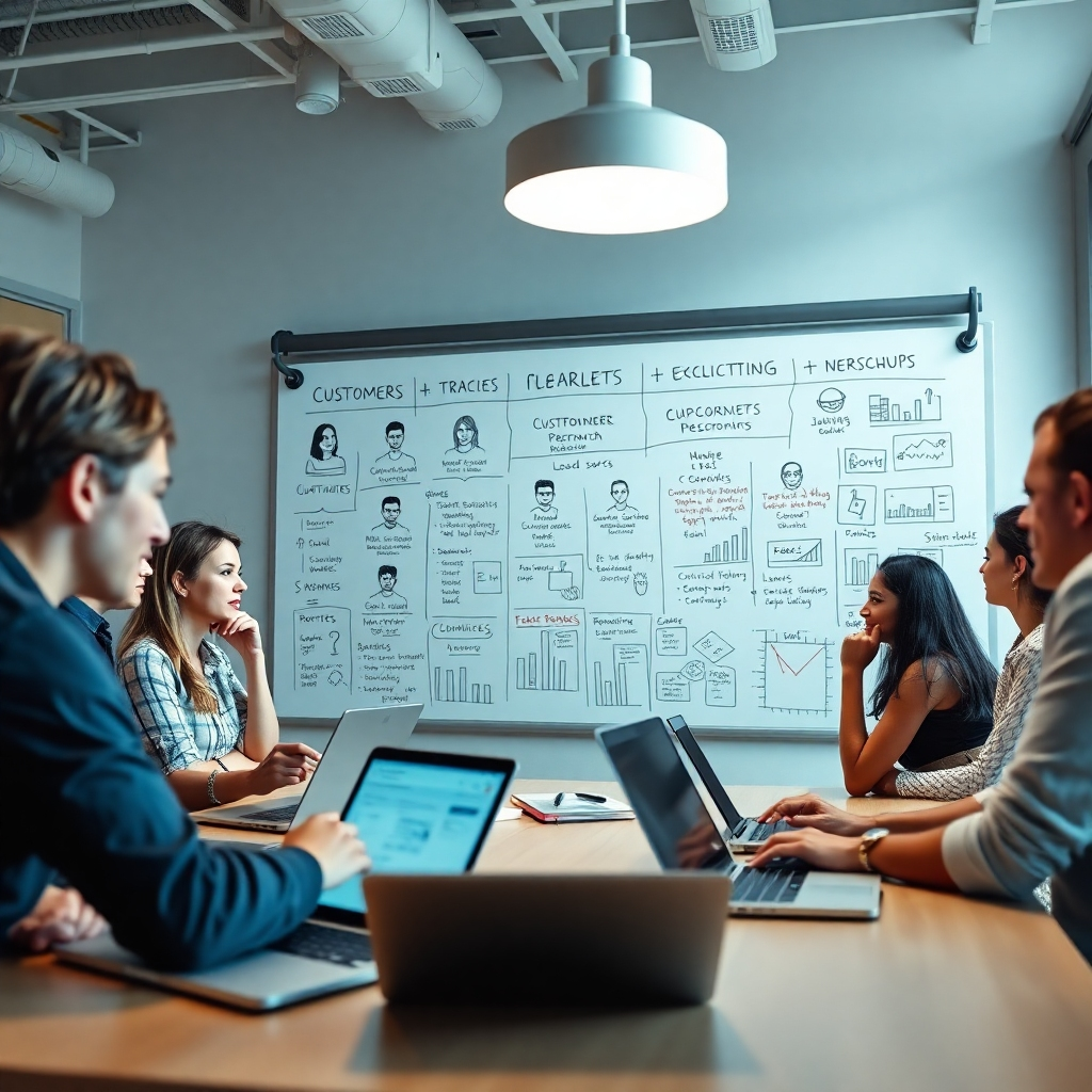 A photorealistic image of a diverse group of people collaborating on laptops, brainstorming ideas around a whiteboard filled with customer personas, market research data, and digital product mockups.  The scene should be bright, modern, and collaborative, conveying a sense of teamwork and strategic planning. The background should subtly suggest a modern, tech-focused office environment.