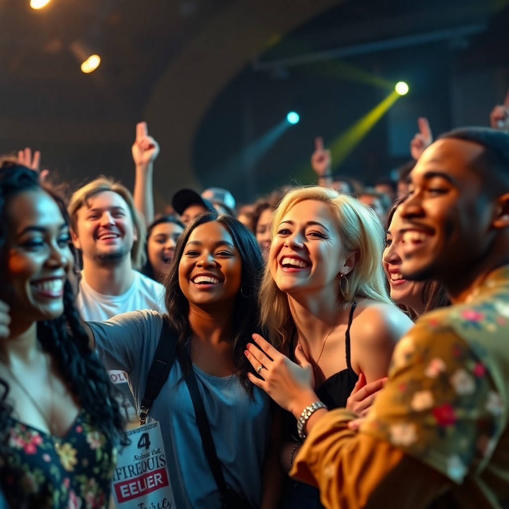 A photorealistic image of a group of diverse people smiling and interacting at a Sailana concert or fan meet-and-greet. The image should be brightly lit, energetic, and convey a sense of community and shared enthusiasm. Sailana should be visible in the image interacting with her fans.