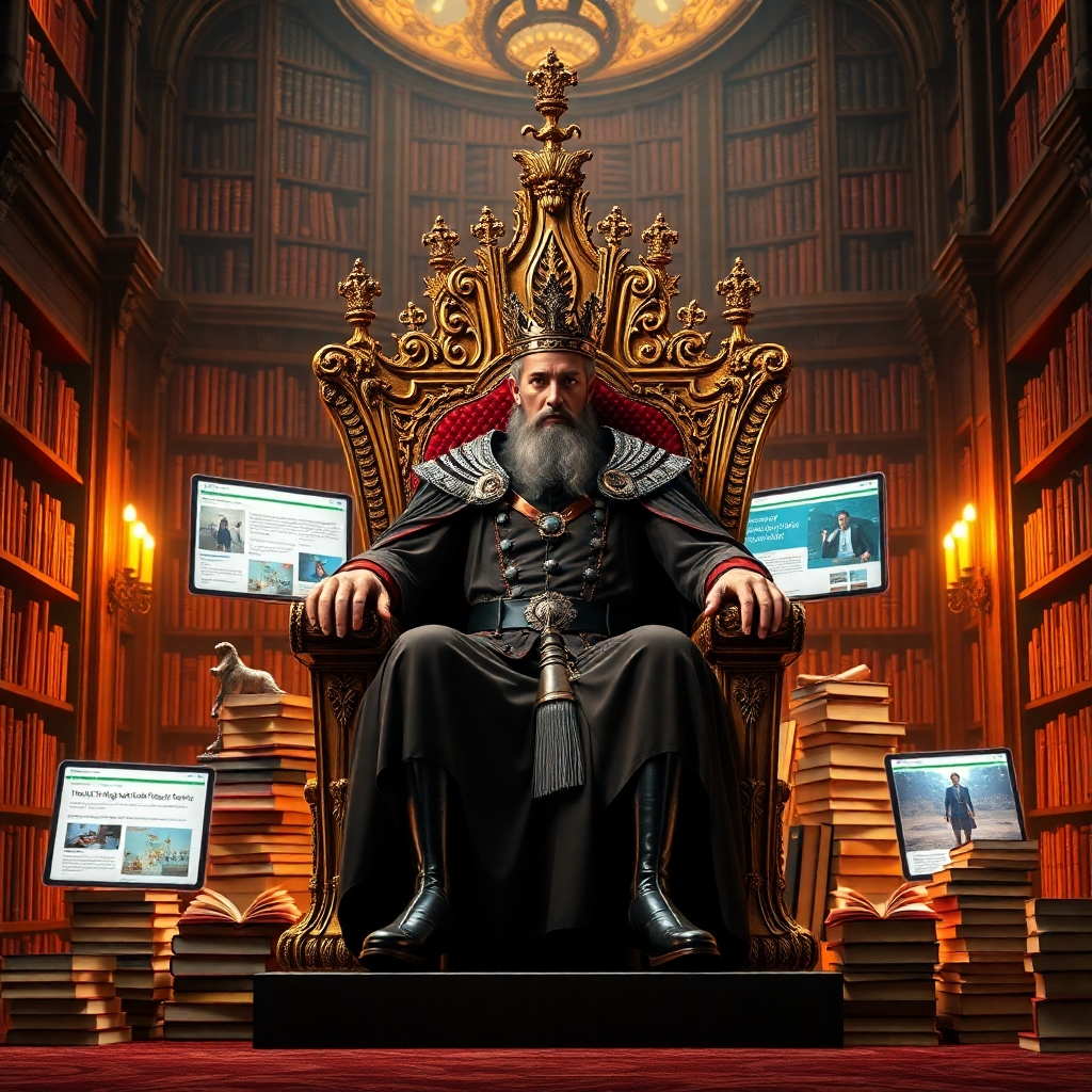 A photorealistic image of a king sitting on a throne made of books and surrounded by glowing digital screens displaying engaging content such as blog posts, infographics, and videos. The background should be a majestic library with warm lighting. The overall style should be sophisticated and regal, emphasizing the importance of content.