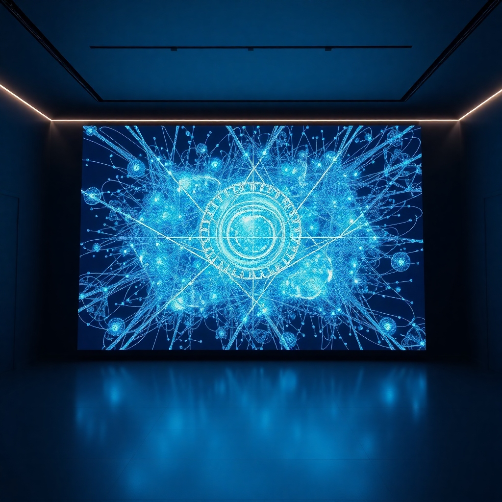 A photorealistic image of a mesmerizing, abstract AI-generated artwork displayed as a large-scale digital installation in a futuristic, minimalist gallery setting. The artwork itself should be complex and visually stunning, with intricate details and unexpected patterns that are not easily replicated by human artists alone. The gallery setting should be clean, modern, and dimly lit, with soft lighting highlighting the artwork's ethereal quality. The overall feel is otherworldly, futuristic, and awe-inspiring.