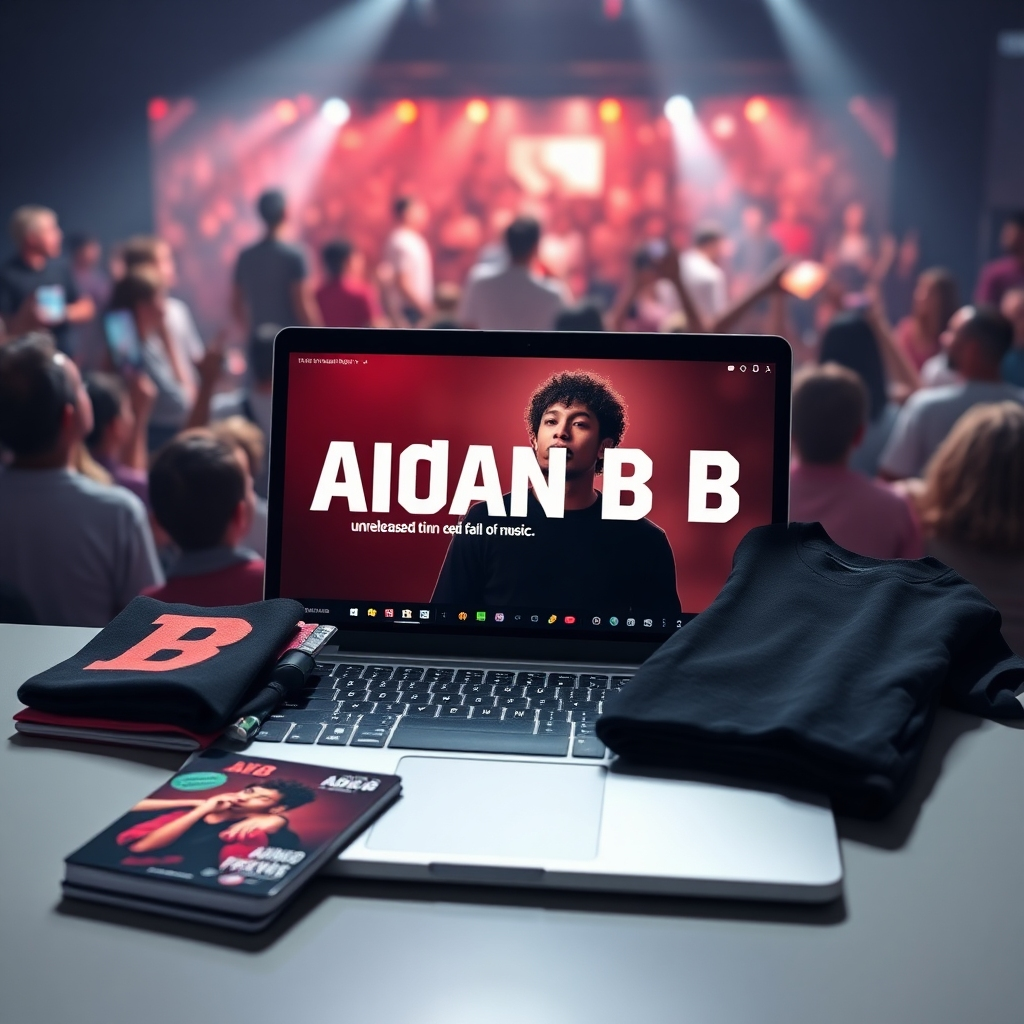 A photorealistic image of a modern, sleek laptop displaying Aidan B's unreleased music, alongside merchandise like t-shirts and signed albums. The background should subtly showcase a bustling online fan community interacting on a social media platform. The overall aesthetic should be vibrant and energetic, highlighting the lucrative potential of the ownership.