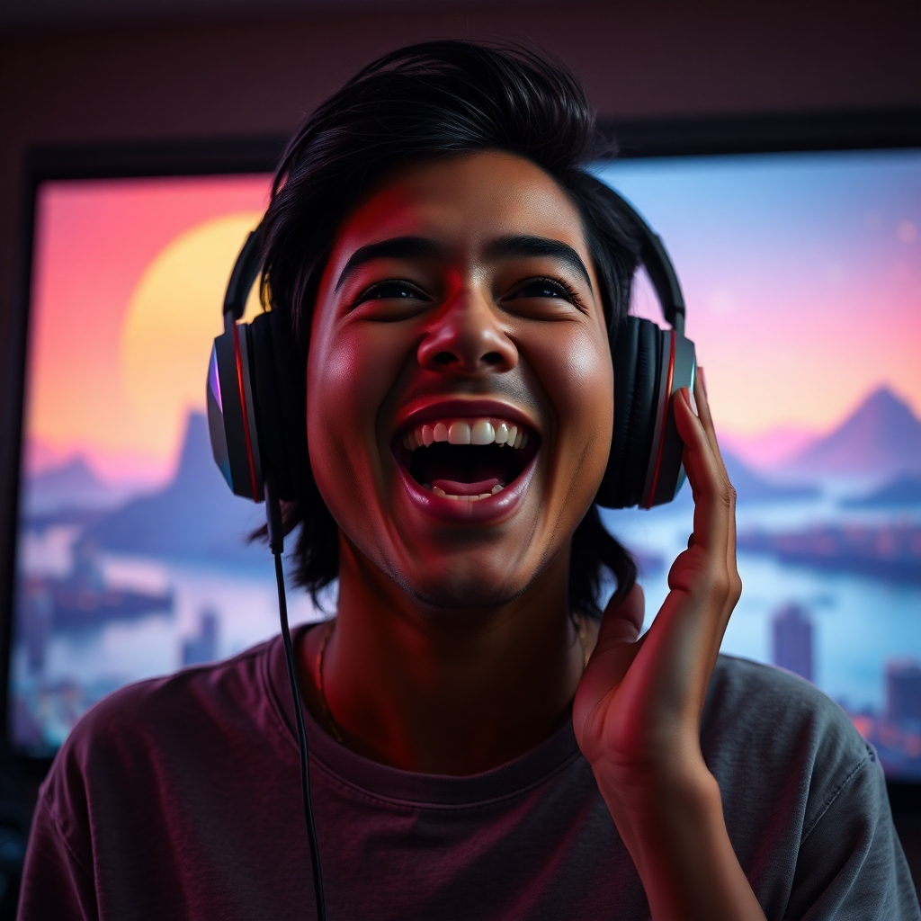 A photorealistic image of a person excitedly listening to music on headphones. The background should subtly show Sailana's album art. The overall mood should be one of anticipation and joy. The person should appear to be immersed in the music, with a look of excitement on their face.