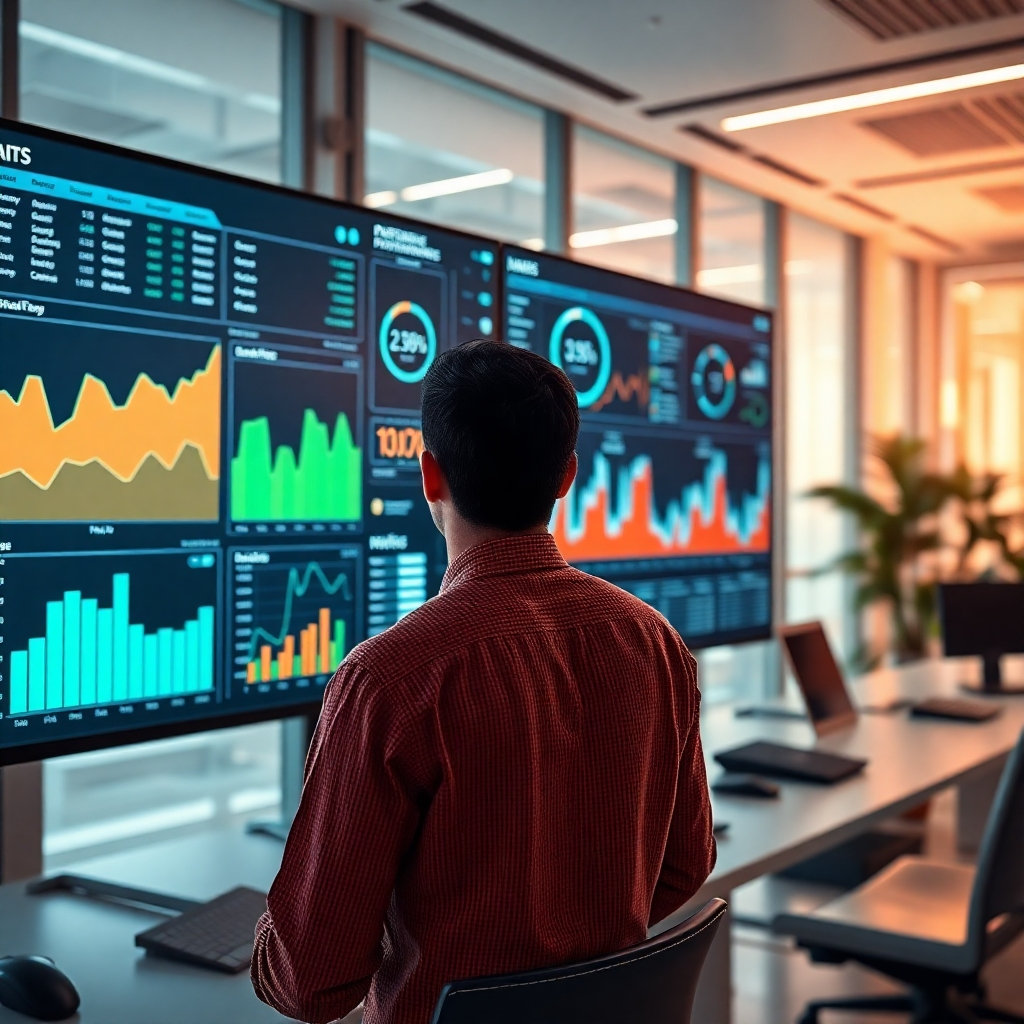 A photorealistic image of a person reviewing data dashboards and graphs on a large monitor, with key performance indicators highlighted.  The setting should be a bright, modern office with a futuristic vibe, suggesting technological advancement and data analysis.