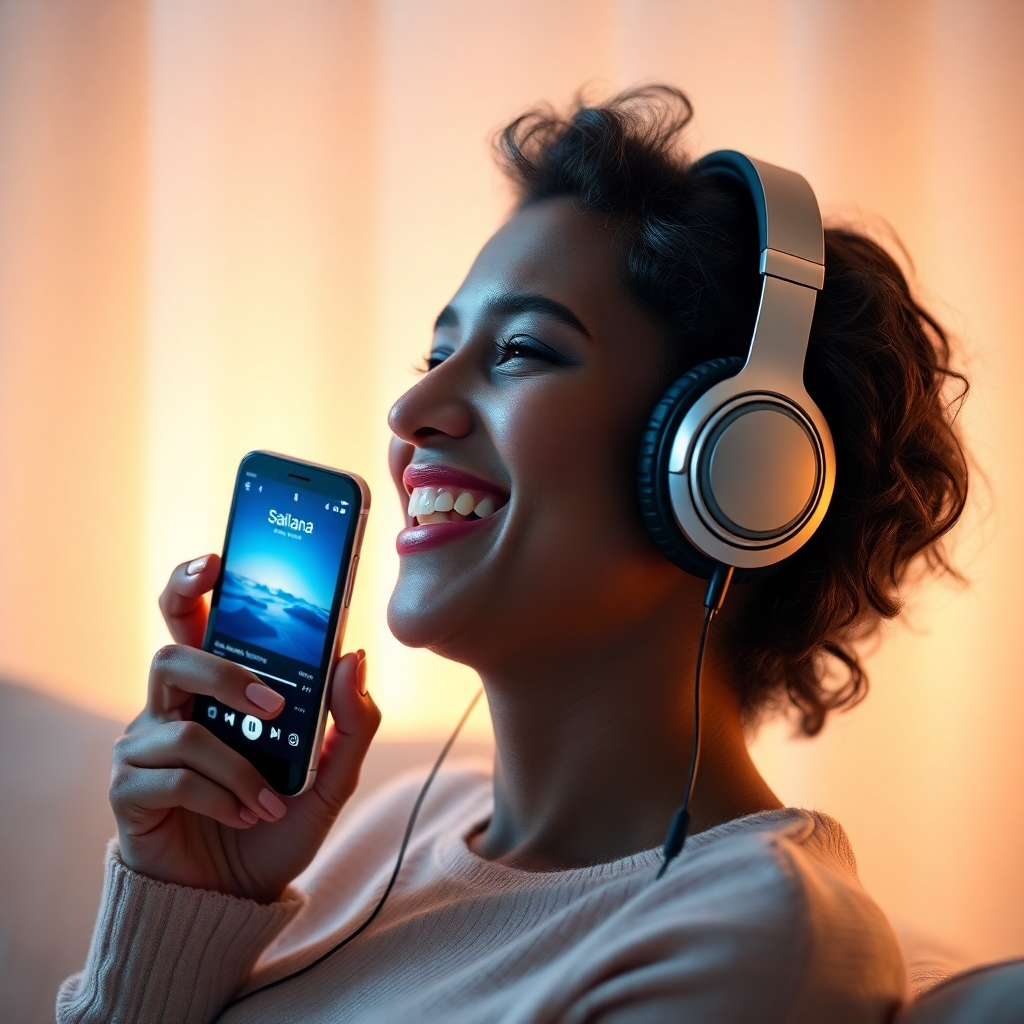 A photorealistic image of a person happily listening to music on headphones with Sailana's album art clearly visible on their phone or music player. The background should be a soft, warm light, conveying a feeling of comfort and enjoyment. The overall mood should be peaceful and appreciative.