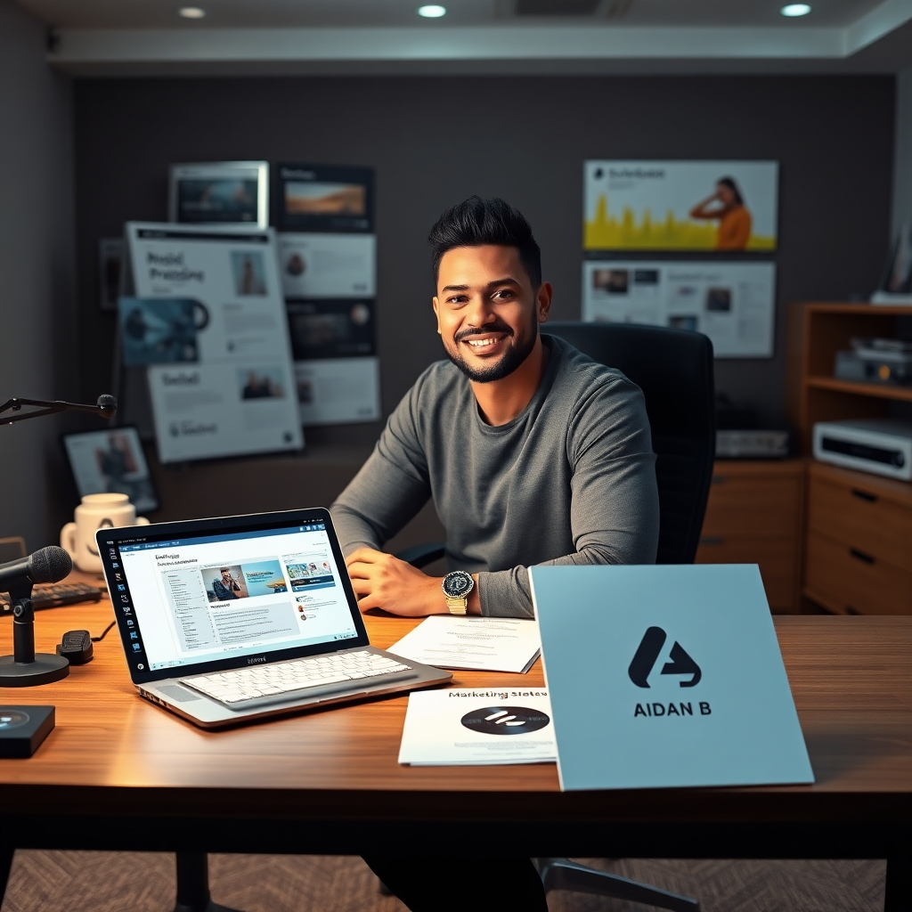 A photorealistic image of a person confidently sitting at a well-organized desk in a modern office.  The desk is filled with creative tools - a laptop displaying a music production software, a microphone, marketing strategy documents, and a signed album with Aidan B's logo. The background subtly displays multiple marketing channels and social media platforms indicating strong brand management.