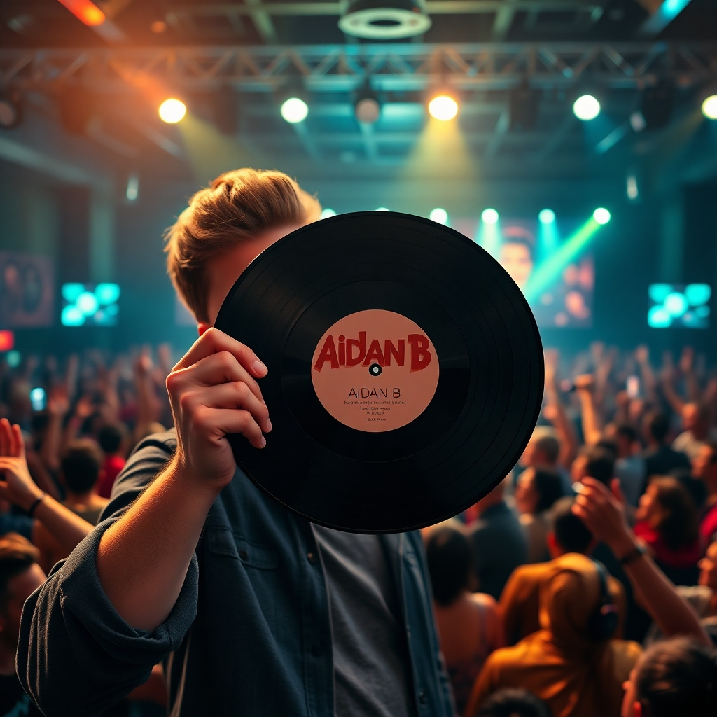 A photorealistic image of a person happily holding a vinyl record of Aidan B's music, with a background showing a concert venue filled with enthusiastic fans. The focus should be sharp on the record and the person's expression. The image should convey a feeling of excitement and community.