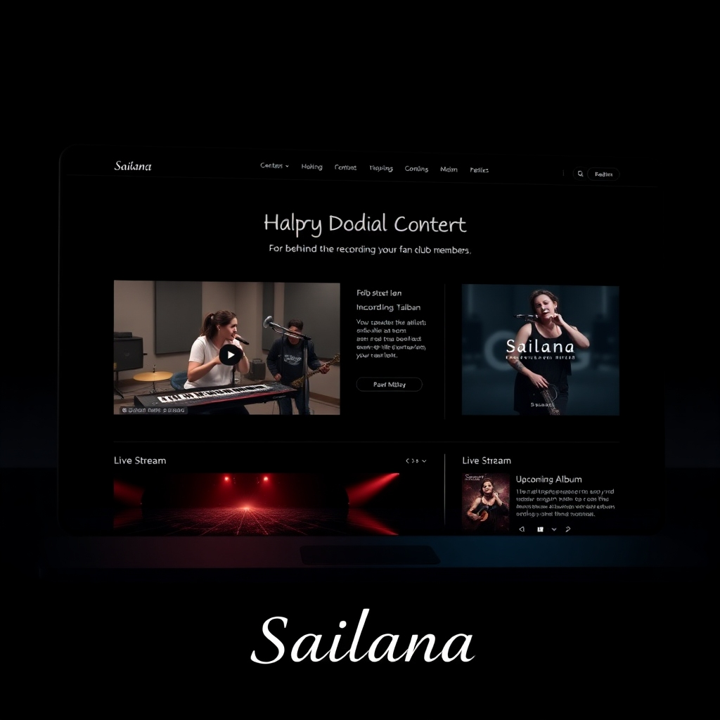 A photorealistic image of a sleek, modern website interface showing exclusive content for Sailana's fan club members, featuring a video thumbnail of a behind-the-scenes look at a recording session, a live stream notification, and a teaser image of an upcoming album. The overall color scheme should be dark and sophisticated, highlighting the exclusive nature of the content. The Sailana logo should be prominently displayed.