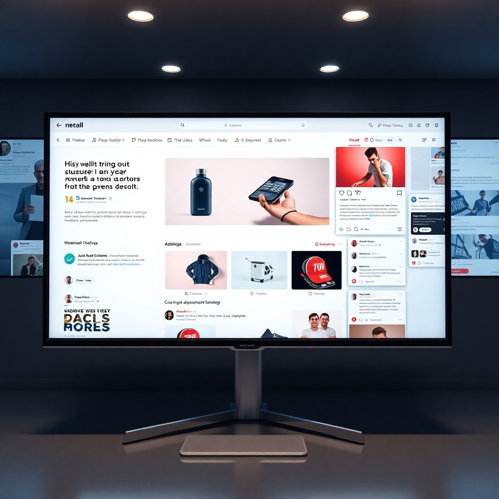 A photorealistic image of a sleek, modern website interface on a large monitor, displaying high-quality product images, customer testimonials, and clear calls to action.  In the background, multiple social media platforms showcase engaging posts and positive comments, highlighting a strong online community and brand reputation. The overall aesthetic should be clean, professional, and trustworthy.