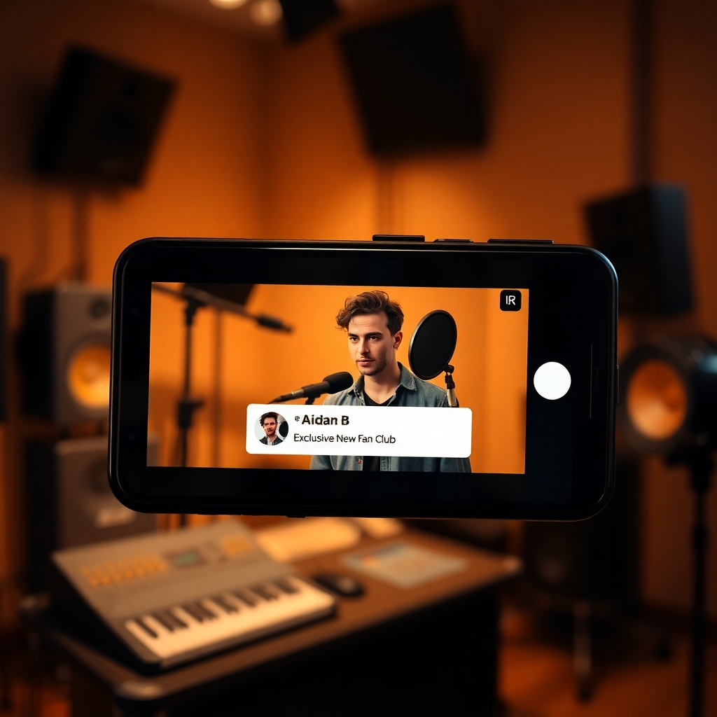 A photorealistic image of a smartphone displaying an exclusive video of Aidan B in a recording studio, with a notification banner highlighting new fan club content. The background should be subtly blurred, showing other recording equipment and a hint of Aidan B in the background.  The overall lighting should be soft and warm, with a slight bokeh effect.