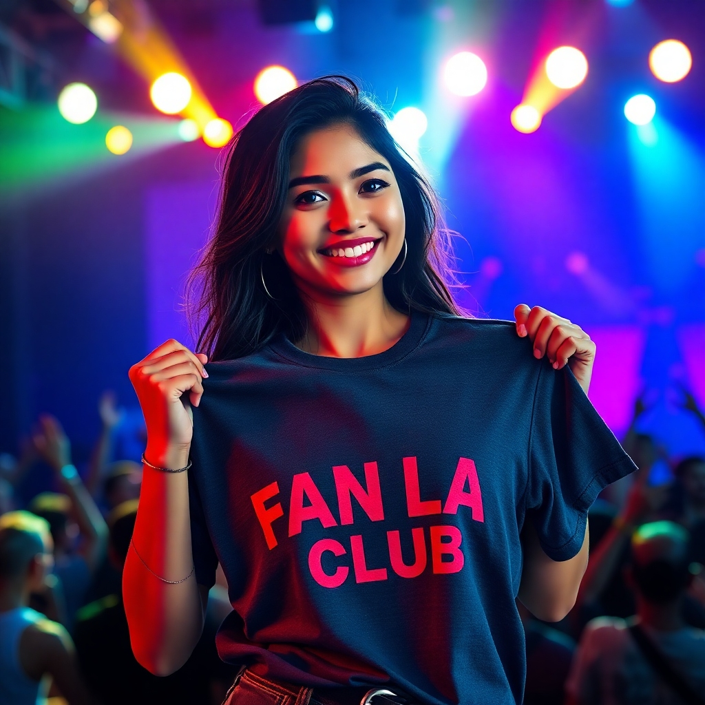 A photorealistic image of a stylish young woman, Aishyla, smiling warmly while holding up an exclusive Aishyla fan club t-shirt, with a backdrop of vibrant concert stage lighting and enthusiastic fans in the background.  High-quality, detailed textures, sharp focus, and cinematic lighting.