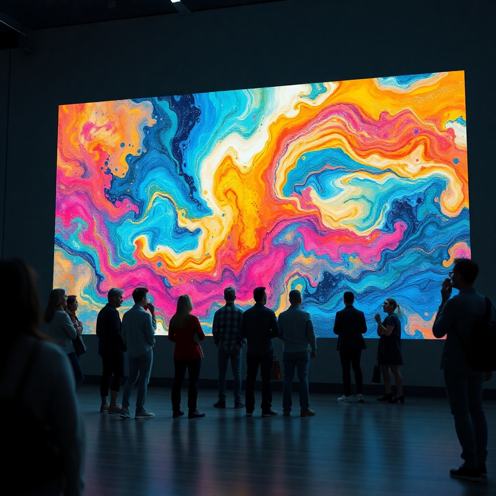 A photorealistic image of a vibrant, abstract painting created by AI, with swirling colors and textures, displayed on a large digital screen in a modern art gallery, surrounded by amazed people. The image should emphasize the feeling of boundless creativity and innovation.  Include subtle lighting effects to highlight the painting's details and texture.