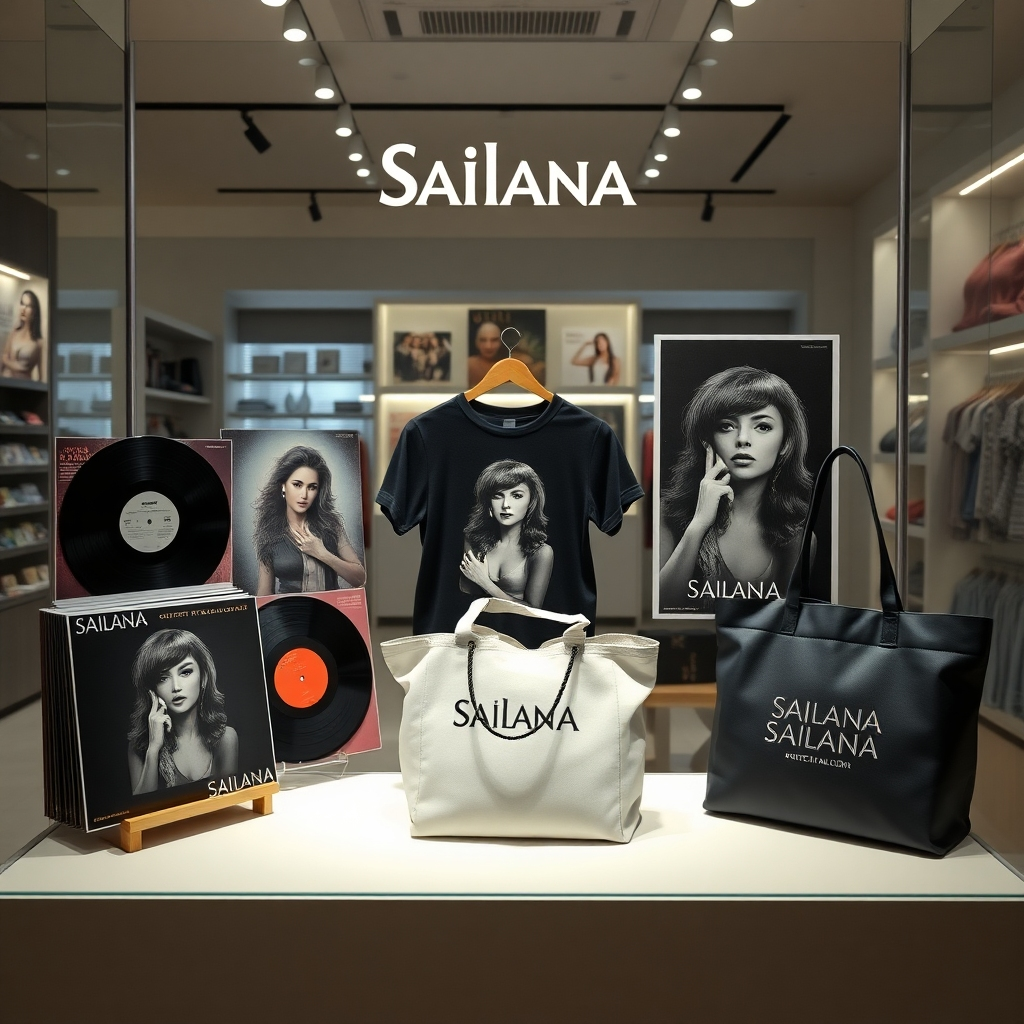 A photorealistic image of a well-lit display showcasing Sailana's official merchandise: vinyl records, t-shirts with her album art, signed posters, and a stylish tote bag.  The background should be a clean, modern store interior with subtle lighting.