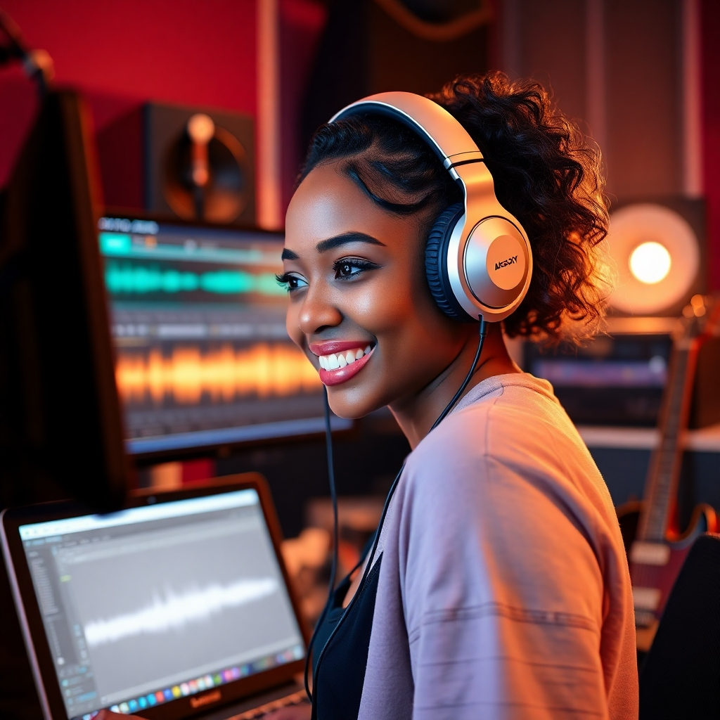 A photorealistic image of Aishyla in a recording studio, headphones on, smiling and looking at a computer screen displaying audio waveforms, with a warm and inviting studio lighting.  In the background, other musical instruments are visible, hinting at the creative process. The overall mood should be vibrant and energetic, reflecting the excitement of new music releases.