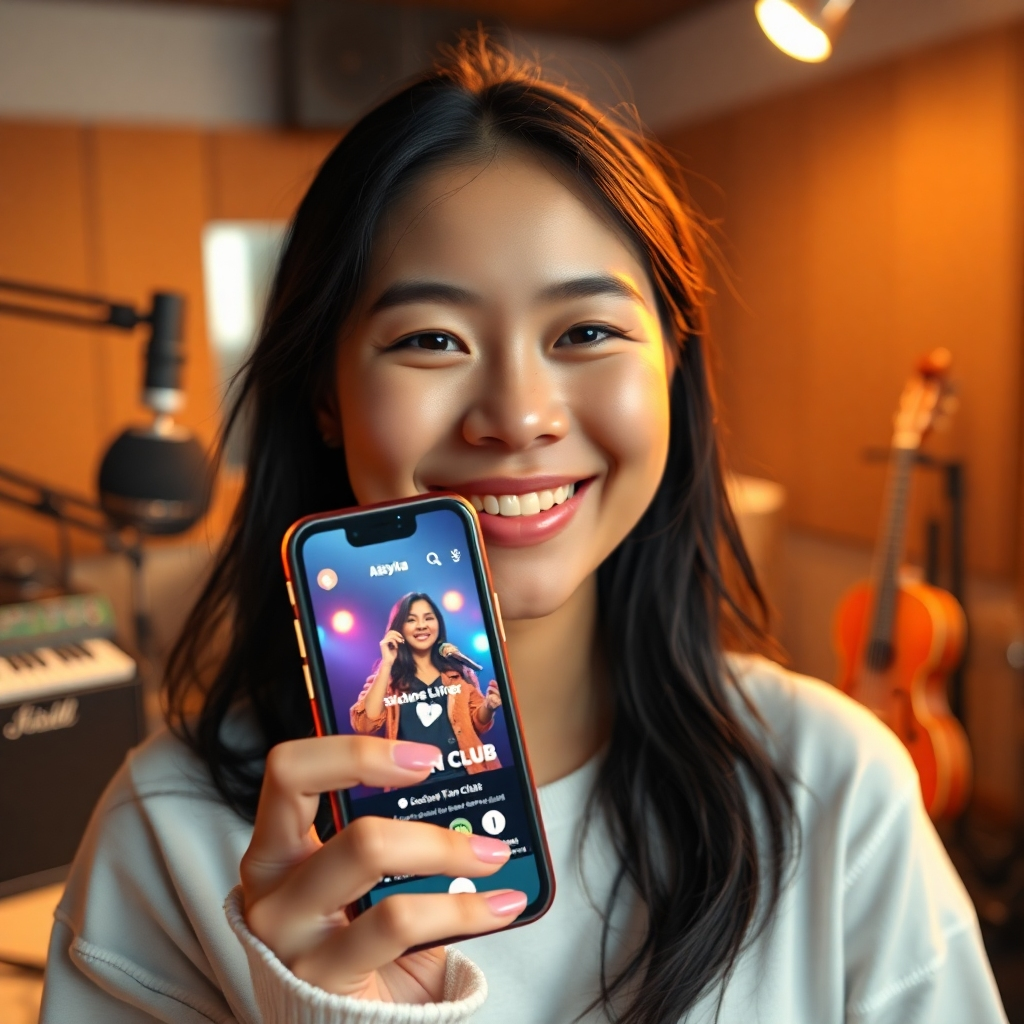 A photorealistic image of Aishyla smiling warmly, holding a phone displaying exclusive fan club content, with a blurred background of a recording studio and musical instruments. The overall lighting should be soft and inviting, evoking a sense of intimacy and community.