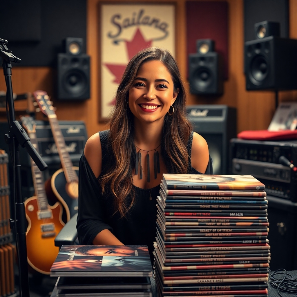 A photorealistic image of Sailana in her recording studio, smiling, surrounded by musical instruments and equipment. In the foreground, there's a stack of her albums and merchandise, subtly highlighting the direct connection between fan purchases and her artistic endeavors. The lighting should be warm and inviting.