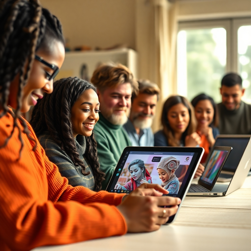 A photorealistic image showing diverse individuals from various backgrounds using AI art and music creation tools on different devices (laptops, tablets, smartphones).  The image should showcase the ease of use and accessibility. Include a diverse range of ages, ethnicities, and abilities. The background should be bright and welcoming, emphasizing inclusivity and community.