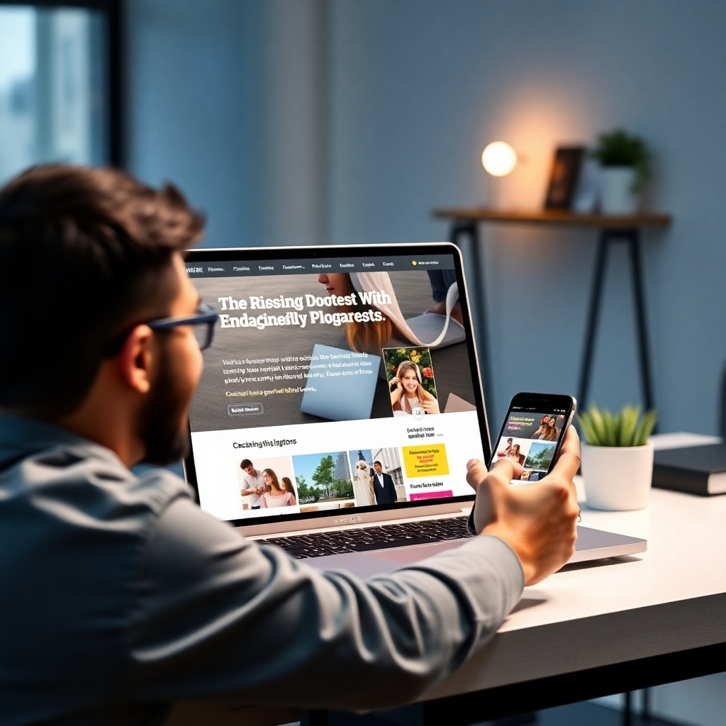 A photorealistic image showing a laptop screen displaying a captivating blog post with engaging visuals, accompanied by a person smiling and interacting with the content on a smartphone. The background should be a modern, minimalist workspace, suggestive of content creation.