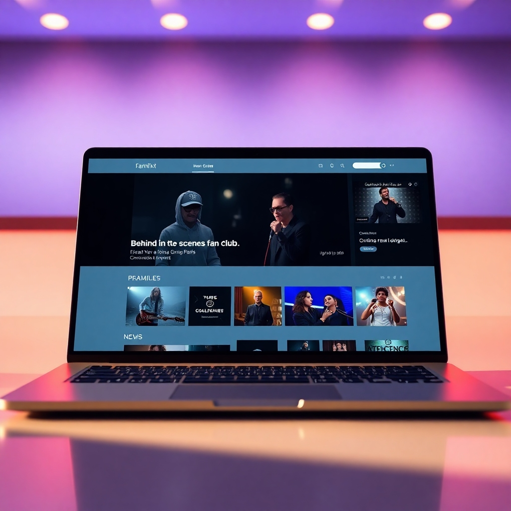 A photorealistic image showing a laptop screen displaying exclusive content (e.g., behind-the-scenes video, unreleased music snippets) within a sleek, modern fan club online platform. The image should focus on the premium and exclusive nature of the content and emphasize seamless user experience.