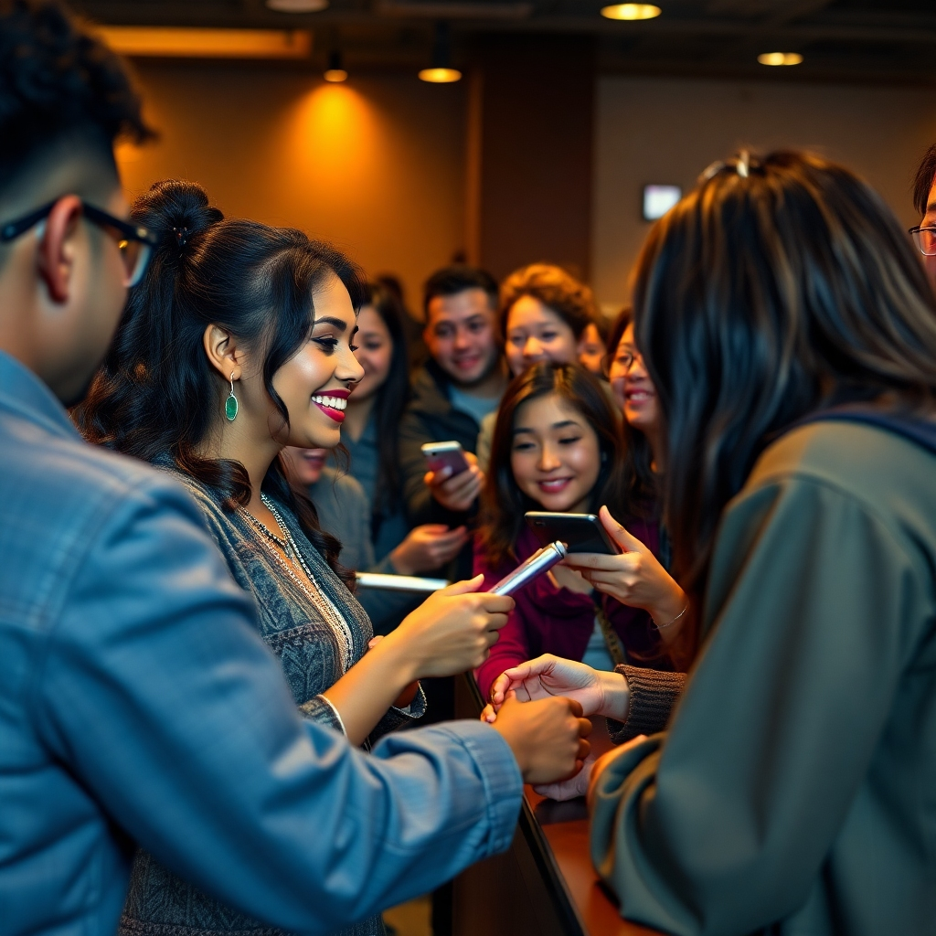A photorealistic image showing Aishyla having a friendly, intimate meet-and-greet with excited fans, signing autographs and posing for photos. Capture a warm, personal atmosphere with clear details showing the interaction between Aishyla and her fans, with a soft, natural lighting.
