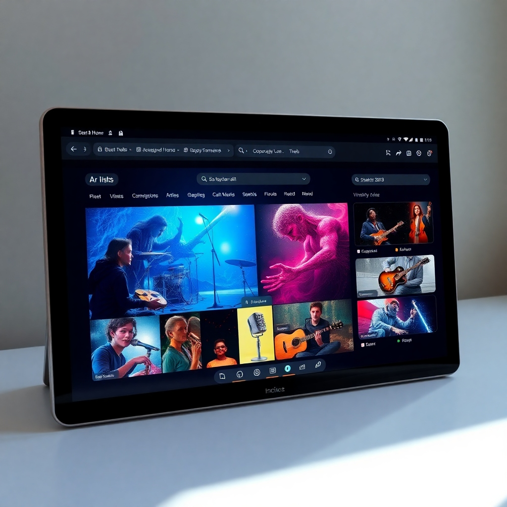A sleek, user-friendly online interface showing artists collaborating with AI tools to generate artwork and music; the screen displays diverse styles, tools, and collaborative workflows, all in a clean and intuitive environment
