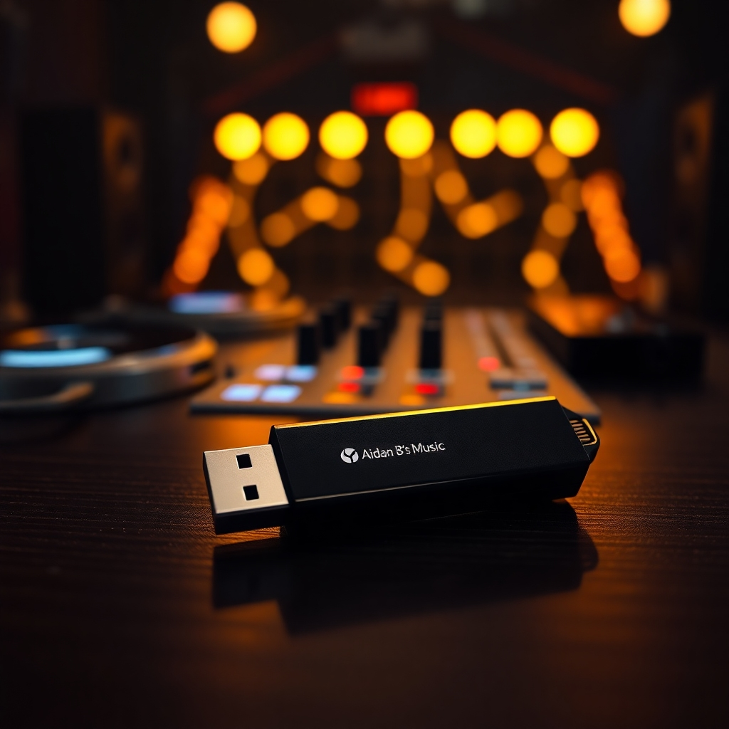 An 8K resolution, hyperrealistic photo of a sleek, black USB drive resting on a dark wooden table. Soft, warm lighting illuminates the drive, highlighting its metallic texture and subtle reflections. The background is a blurred, out-of-focus image of a DJ setup with turntables, a mixer, and vibrant stage lights. The overall color palette is dark and moody, with accents of warm gold and deep blue. The image should evoke a feeling of exclusivity and high-quality production.  The scene is viewed from a slightly elevated angle, providing a clear, detailed view of the USB drive. The texture of the wood grain, the metallic sheen of the drive, and the soft glow of the background lights are all meticulously rendered. The image is styled in the photorealistic manner of Steve McCurry's portraiture, focusing on rich color and texture, conveying a sense of luxury and artistry. The USB drive is branded with a subtle, elegant "Aidan B's Music" logo.