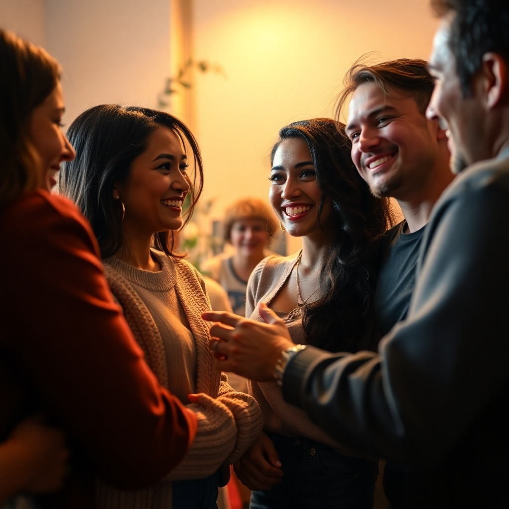 An ultra-high-resolution (8K), photorealistic image depicting a heartwarming meet-and-greet between Aishyla and a select group of her VIP fans. The scene is softly lit, creating a warm and intimate atmosphere. The color palette is soft and natural, enhancing the friendly mood of the scene. The composition should focus on genuine interactions and smiles, emphasizing the personal connection between Aishyla and her dedicated fans.  The camera angle should be at eye level, offering an intimate perspective. The image should showcase the texture of Aishyla's clothing, the varied expressions of the fans, and the detailed surroundings, suggesting a comfortable, backstage setting, potentially with plants or other tasteful elements. The overall mood is one of genuine appreciation and connection. The style should mimic the candid, heartwarming style of celebrity photographers like Terry Richardson (in the context of his earlier work known for its authentic capture of emotion). Textures should be highly detailed and realistic, including the subtle variations in skin tone and clothing fabrics. The image should convey a sense of intimacy and gratitude.