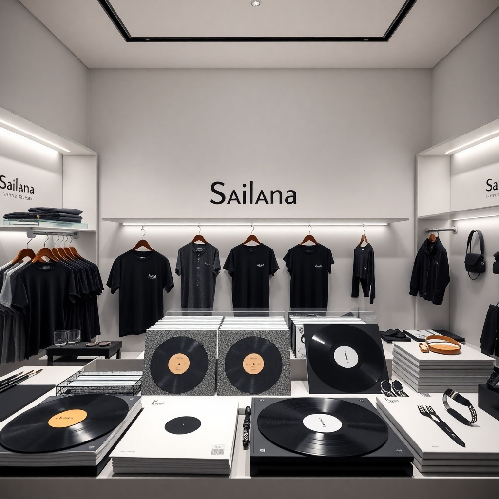 An ultra-high-resolution (8K), photorealistic image showcasing a meticulously arranged display of Sailana's limited edition merchandise. The setting is a clean, minimalist boutique with soft, diffused lighting. Products include stylish t-shirts, high-quality vinyl records, and sleek, modern accessories. The image's color palette is monochromatic with Sailana's signature color subtly incorporated, emphasizing the elegance and sophistication of the merchandise.  Close-up shots of textures are critical – the soft cotton of the t-shirts, the glossy vinyl of the records, and the fine details of the accessories. The camera angle is a slightly elevated perspective, allowing a complete view of the display.  The background includes sleek, minimalist shelving and a clean, white wall with strategically placed subtle branding.  The style is inspired by high-end fashion photography, emphasizing product quality and aesthetic appeal. The overall mood conveys a feeling of exclusivity and high value, reflecting the premium nature of Sailana's merchandise.