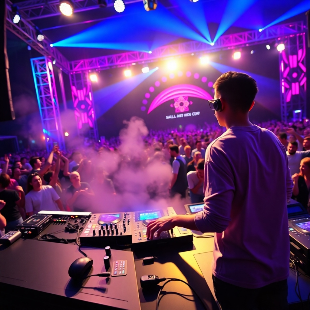 Create a photorealistic, ultra-high-quality 8K resolution header image for Sailana's Music.  The image should feature Sailana (a young, stylish, and charismatic DJ) behind the decks at a vibrant music festival at night.  The stage should be modern and sleek with dynamic LED lighting in deep blues, purples, and vibrant pinks, creating a dramatic and energetic atmosphere. Sailana is passionately mixing music, illuminated by the stage lights, and possibly interacting with the crowd (blurred slightly to show movement and energy).  The crowd should be diverse, shown from a slightly elevated, wide angle perspective.   The lighting should be a mix of dramatic stage lighting and subtle ambient lighting from the festival grounds.  Focus on the textures: the smooth surfaces of the DJ equipment, the slightly rough texture of the stage floor, and the varied textures of the clothing in the crowd.  The overall mood should be high energy, exciting, and celebratory. Include professional-looking sound equipment, flashing lights, and possibly some smoke effects adding to the atmospheric depth. The image should have a hyperrealistic style, similar to high-end promotional photography for music festivals such as Coachella or Tomorrowland. The color palette should be rich and vibrant with deep blues, purples, pinks, and contrasting accents of gold and white from the stage lighting and clothing.  The final image should be sharp, detailed, and convey a feeling of high-quality production and exhilarating live music., ultra high resolution, photorealistic, 8K, hyperdetailed, cinematic lighting