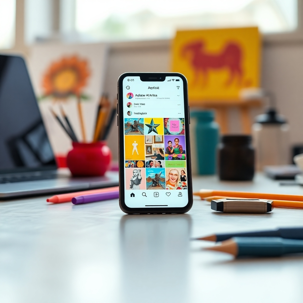 Photorealistic image, 8K resolution, hyperrealistic detail. Show a close-up view of a phone displaying a meticulously curated Instagram feed featuring an AI artist's work. The lighting is soft and diffused, emphasizing the vibrancy of the artwork. Color palette should be bright and cheerful, reflective of social media aesthetics. Camera angle is from slightly above the phone, creating a casual yet stylish perspective.  The feed showcases various artwork, behind-the-scenes glimpses, and artist engagement.  Textures include the smooth glass of the phone screen, and the subtle texture of the background surface.  Environmental elements include a trendy, modern setting, subtly visible in the background. The image should evoke a feeling of community and creative collaboration.  Props could include a laptop and art supplies.  In the style of a high-end lifestyle advertisement.  The mood should be fun, energetic, and inspiring.