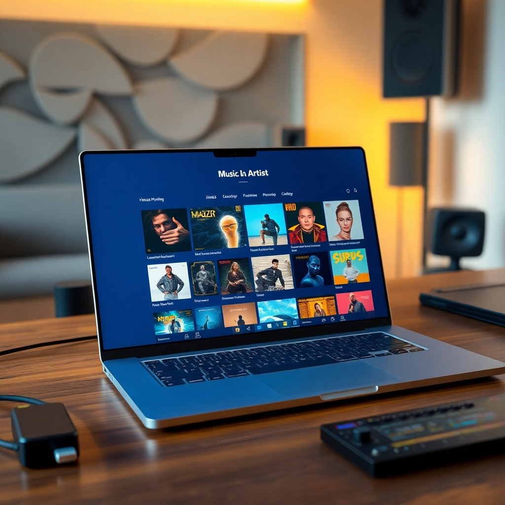 Photorealistic image, 8K resolution, hyperrealistic detail.  A sleek, modern website interface displaying an AI artist's music portfolio.  Soft, warm lighting.  Color palette: deep blues, accented with vibrant teals and golds.  The screen shows diverse album art, each piece unique and expressive of the AI's style. The background is a subtly blurred image of a recording studio, hinting at the creative process.  Camera angle: slightly elevated, looking down onto the laptop screen.  Textures include the smooth glass of the laptop, the subtle grain of the wooden desk, and the detailed textures of the album art.  Props include a sleek wireless keyboard and a partially visible high-end audio interface. In the style of Annie Leibovitz's portrait photography, emphasizing clean lines and impactful visuals.  Environmental elements include a modern, minimalist workspace. The overall mood is sophisticated, creative, and professional.