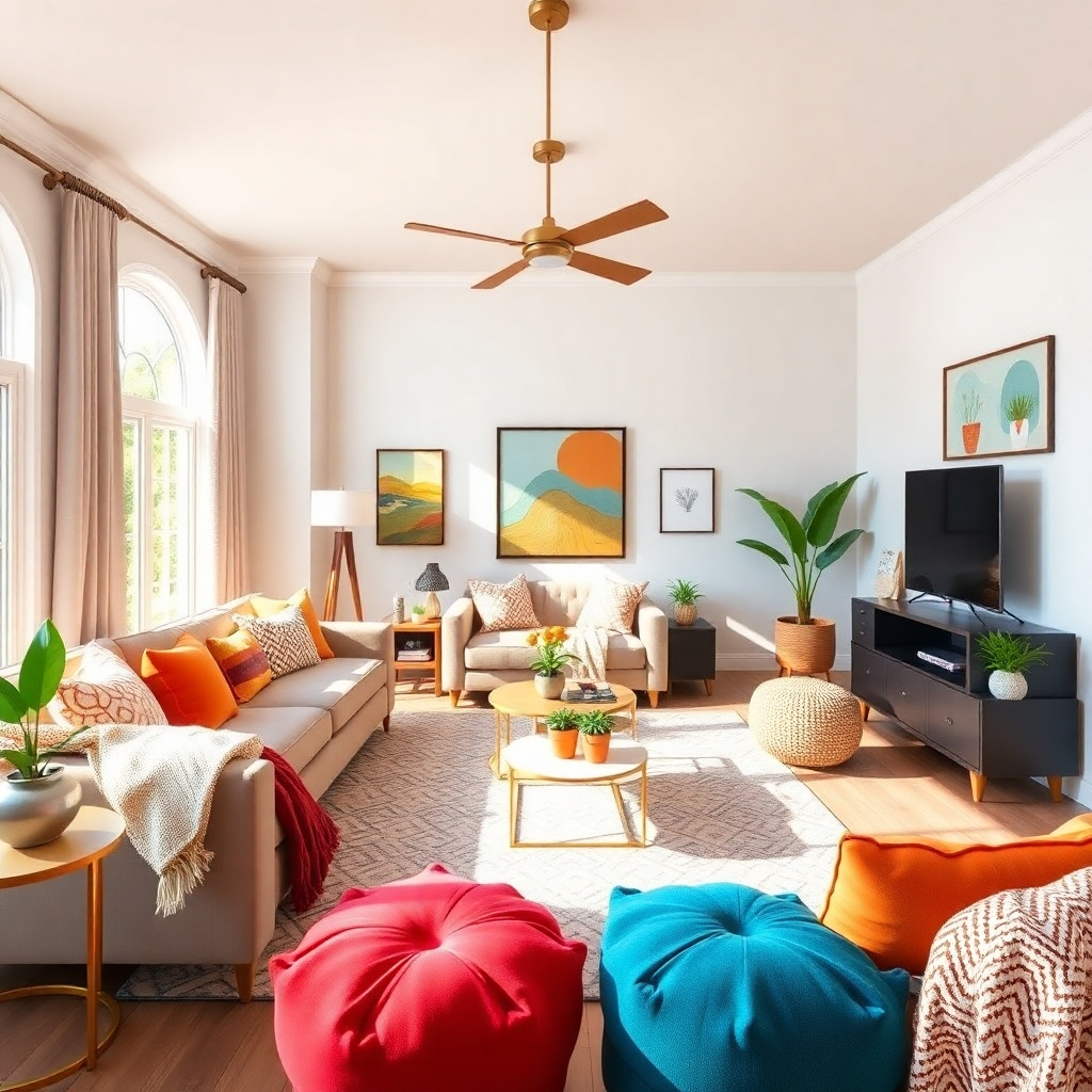 A bright, engaging visualization of a beautifully staged family room with a modern touch. The image should illustrate vibrant decor and furniture that forms a cozy atmosphere. There is careful attention to detail in textures and lighting, creating a warmth that invites buyers. The overall composition should be photorealistic, suitable for marketing materials that aim to capture attention and fascinate potential buyers.
