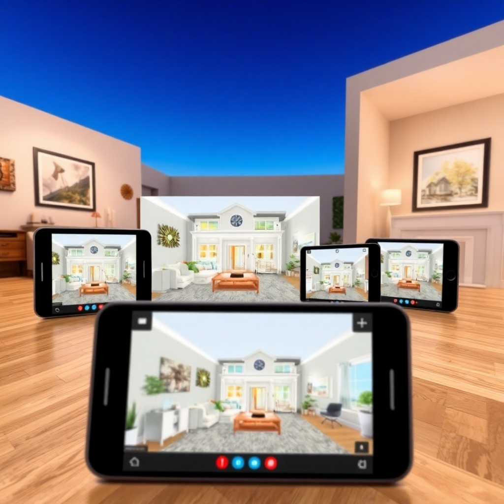 A captivating scene presenting a virtual tour setup, with various devices showing a staged home. The imagery should depict high-resolution renderings that captivate and pull viewers into each room as they navigate. Colorful graphics and user-friendly interfaces visibly enhance the experience, presented in photorealistic quality to engage potential buyers effectively.
