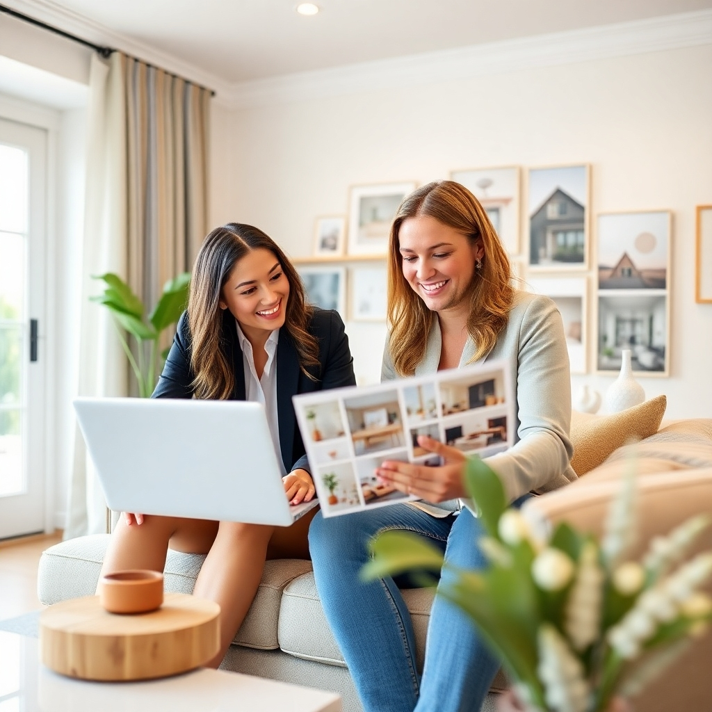 A captivating scene showcasing a tailored virtual staging consultation. The image shows a designer and realtor working together over a laptop, surrounded by various staging ideas and mood boards on display. The room is bright and contemporary, filled with inspiration. The colors are balanced, conveying creativity and collaboration, rendered in photorealistic quality to illustrate the professional aspect of the virtual staging process.