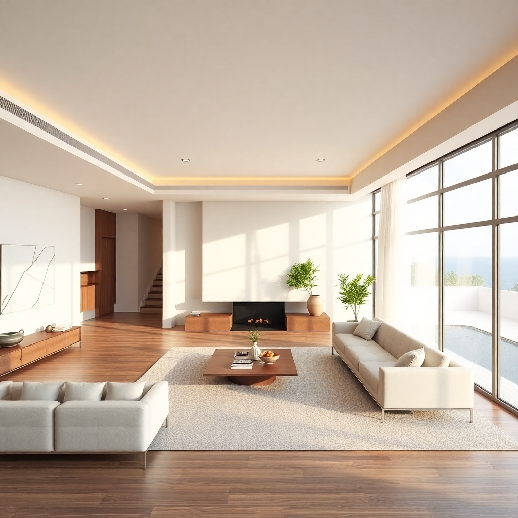 A detailed image showcasing a 3D model of a property, beautifully rendered in realistic textures and lighting. The focus should be on a living space that combines elegance with simplicity, displaying how creative 3D technology can transform plans into visually appealing representations. The image should highlight the panoramic view, showcasing the depth and vitality of the design.