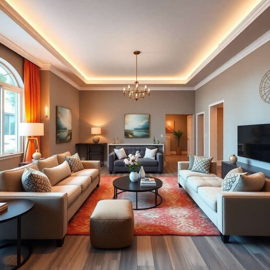 A dynamic image highlighting a property’s best features through virtual staging. The focus is on a spacious living area, showcasing detailed furniture arrangements that flow harmoniously. The color scheme is perfectly balanced with accents drawing the eye toward the highlights of the space. The lighting maximizes the room’s appeal, with high-quality textures and details making it feel like a lived-in space, captured in photorealistic style.