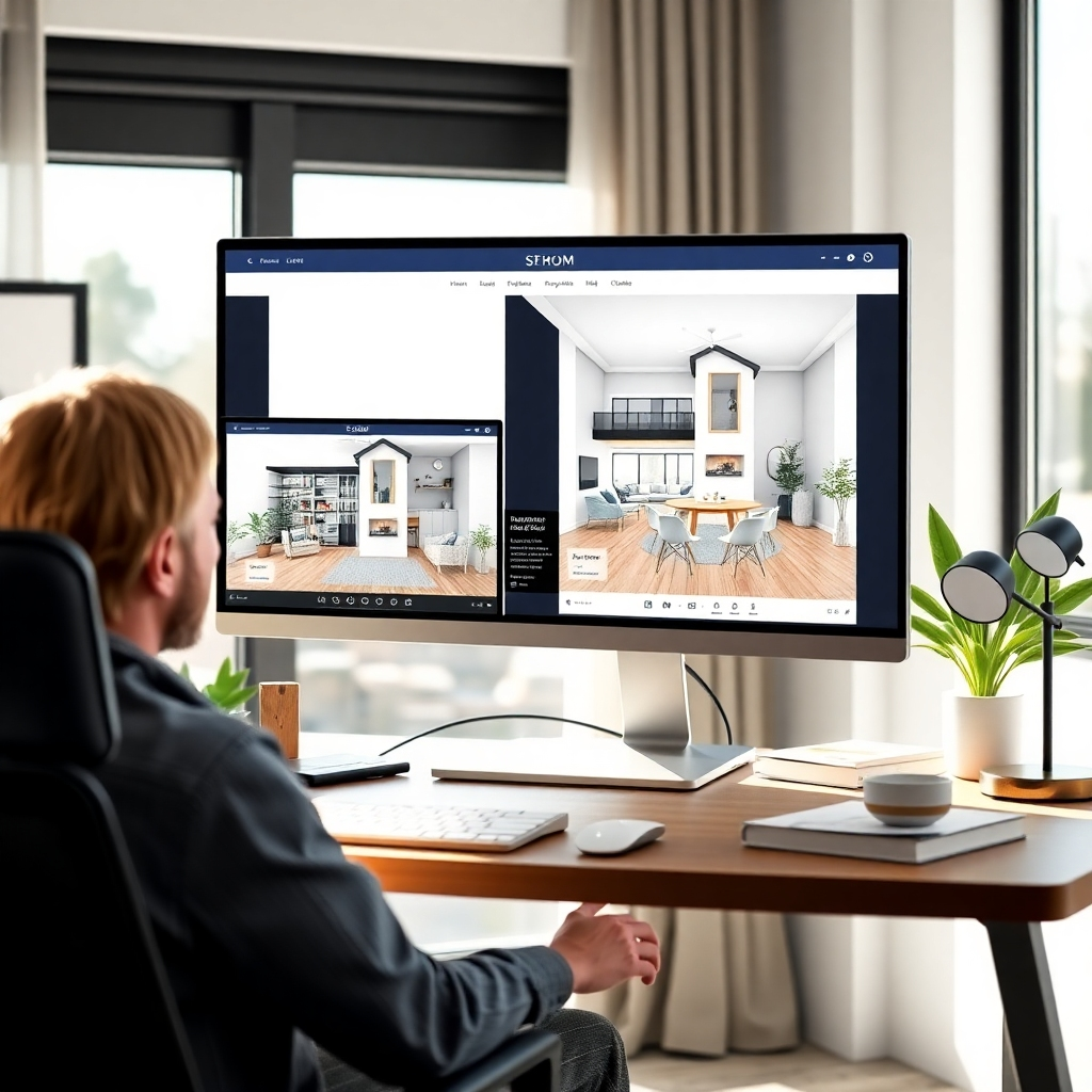 A modern workspace setting illustrating a realtor utilizing virtual staging software to enhance property photos. The scene captures a desktop with two screens showing a staged home alongside a client presentation. Natural light streams in through a window, creating a welcoming atmosphere. The image should have a contemporary color palette with stylish decor elements, rendered in photorealistic detail to emphasize professionalism and innovation in virtual staging.