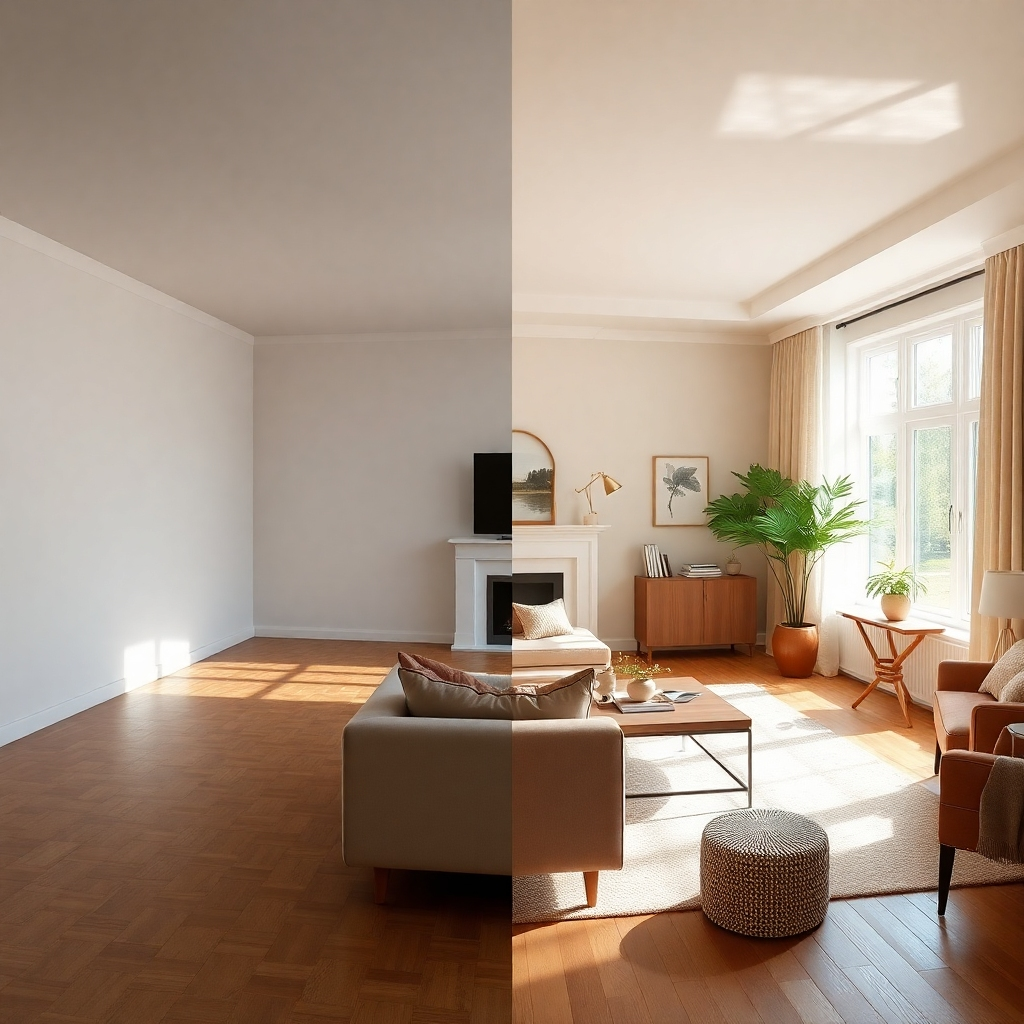 A photorealistic depiction of a staging transformation showing a before and after effect. The left side shows an empty room, whereas the right displays the same room beautifully furnished. Gentle natural light floods in, enriching the textures of the furniture and decor. The warm color palette is inviting, and the image captures the room's potential, emphasizing the difference virtual staging can make. This detailed image should be immersive and high-quality.