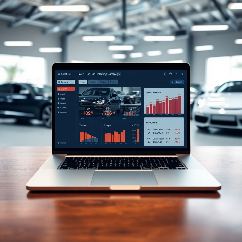 A photorealistic image, 8K resolution, hyperrealistic detail, soft diffused lighting, warm color palette, of a laptop displaying a sophisticated email marketing dashboard showcasing a car detailing campaign with key metrics like open rates and click-through rates prominently displayed. The background subtly shows a luxury car detailing bay with gleaming vehicles.  The scene is clean, modern, and professional, evoking trust and reliability. The image should be composed from a slightly high angle, focusing on the laptop screen. Textures should be meticulously detailed, showing the subtle grain of the wood desk, the smooth glass of the laptop screen, and the reflection of lights on polished car surfaces in the background. The overall mood should be calm, confident, and successful.  The style should emulate the clean, minimalist aesthetic of Apple product photography.  Include realistic reflections and subtle lens flares for added realism.