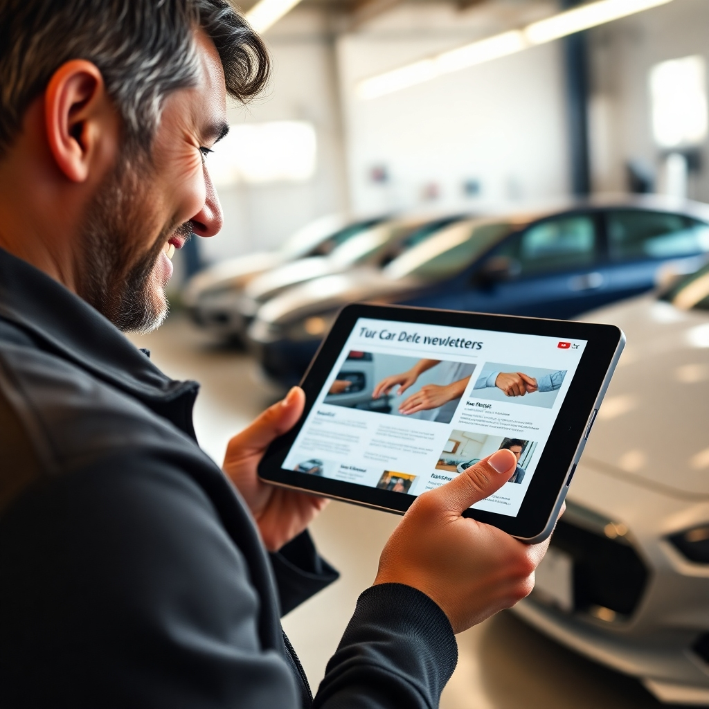 A photorealistic image, 8K resolution, hyperrealistic, soft natural lighting, in a warm, inviting color palette, of a happy car detailing client receiving a personalized email newsletter on their tablet showcasing deals and promotions. The image should focus on the client's pleasant expression and the tablet display. A professional, clean car detailing shop forms the background, showcasing pristine cars. The camera angle is from the client's perspective, emphasizing engagement. The scene should be friendly, approachable, and professional, building trust and reliability.  The style should emulate lifestyle photography.  Fine details should be included—the textures of the tablet, the client's clothing, the gleaming car surfaces, and the subtle lighting in the shop. The overall mood should be happy, welcoming, and successful.